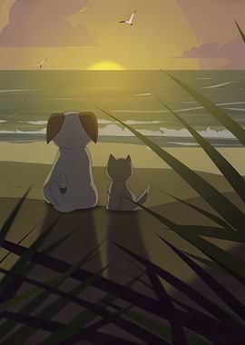 Dog and Cat Watching Sunset