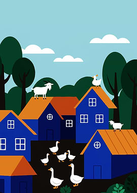 Whimsical Village Scene with Animals