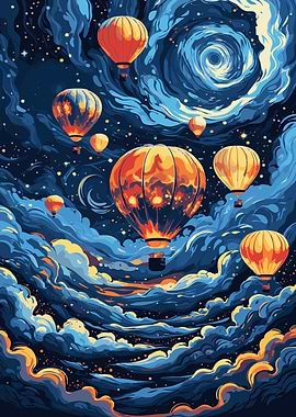 Hot Air Balloons in Starry Night