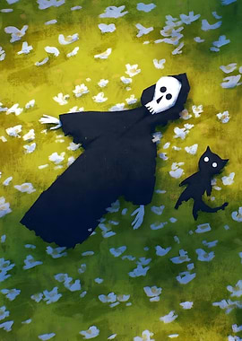 Skeleton and Cat in Flower Field