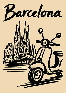 Barcelona Travel Poster with Scooter