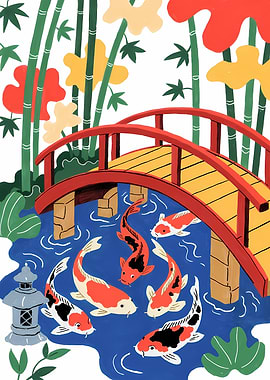 Koi Pond with Bridge Illustration Art