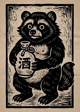 Tanuki with Sake Woodblock Print