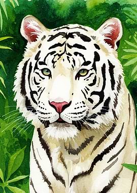 Watercolor White Tiger Portrait in Jungle