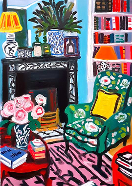 Colorful Interior Painting with Books and Flowers