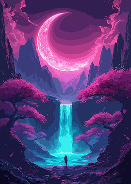 Pixel Art Waterfall with Crescent Moon