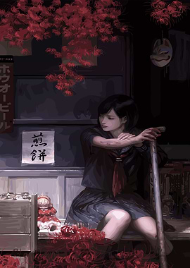 Girl with Spider Lilies and Bat