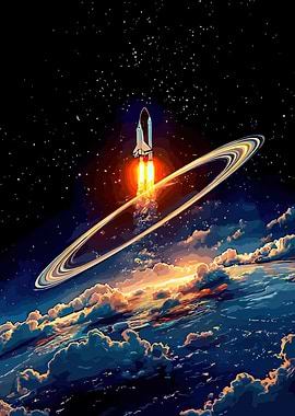 Space Shuttle Launching Through Saturn's Rings