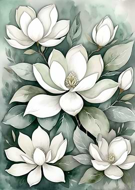 Watercolor Magnolia Flowers with Green Leaves