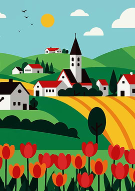 Colorful Village Landscape with Tulips