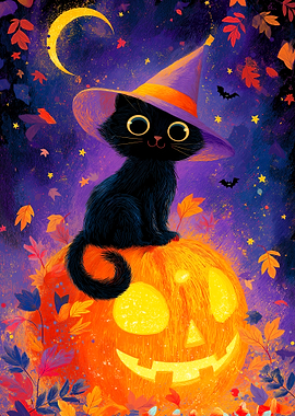 Halloween Cat on Pumpkin