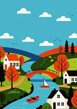 Colorful Landscape with River and Houses