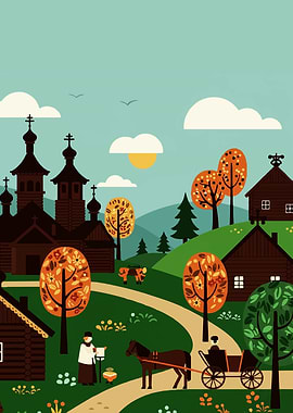 Russian Village Landscape Illustration