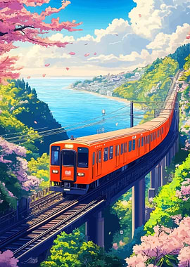 Orange Train by the Sea