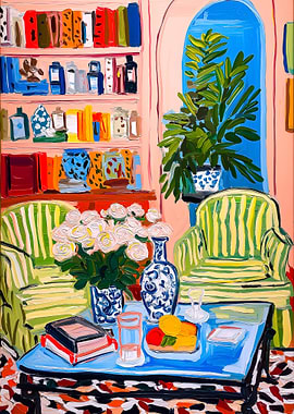 Colorful Interior Painting with Books and Plants