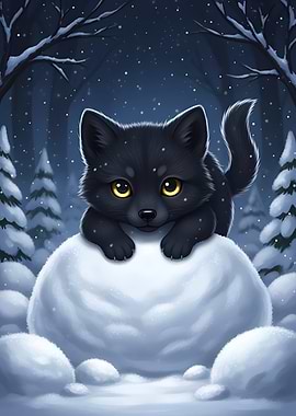 Cute Black Wolf Cub in Winter