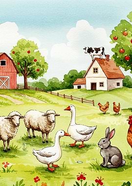 Watercolor Farm Scene with Animals