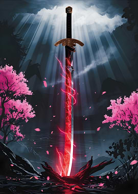 Enchanted Katana in Cherry Blossom Forest | Fantasy Sword Wall Art