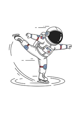 Astronaut Ice Skating Cartoon Illustration
