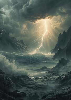 Stormy Seascape with Lightning Strike