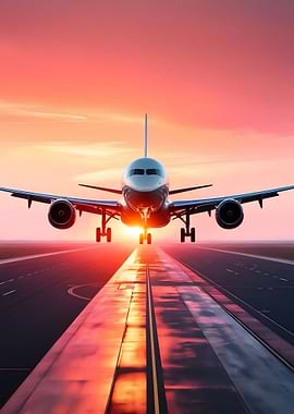 Airplane landing at sunset