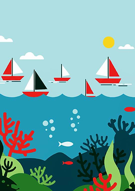Sailboats and Underwater Scene Illustration