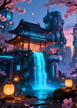 Cyberpunk Japanese Temple with Waterfall