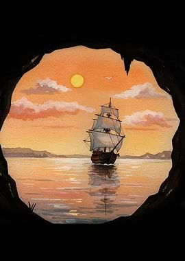 Ship at Sea Through Cave Opening