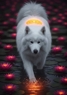 Mystical White Dog in Lily Pond