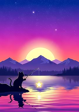 Cat Fishing for Stars at Sunset