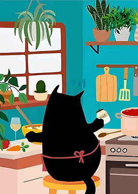 Cat Chef in Kitchen Illustration