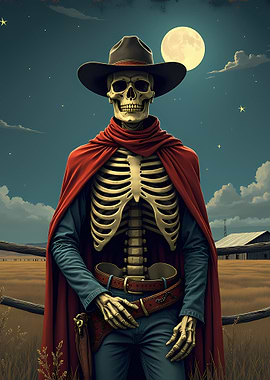 Skeleton Cowboy with Cape in Field