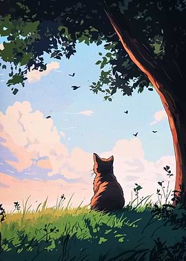 Cat under tree watching birds