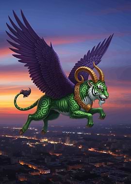 Green Tiger Griffin Flying Over City