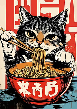 Cat eating ramen with chopsticks