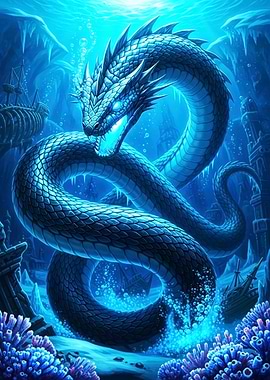 Underwater Dragon Coiled in Blue Depths