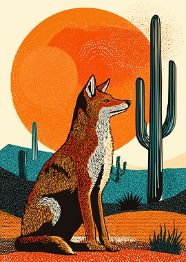 Coyote in Desert Landscape Illustration