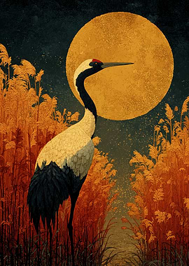 Crane and Moon in Tall Grass