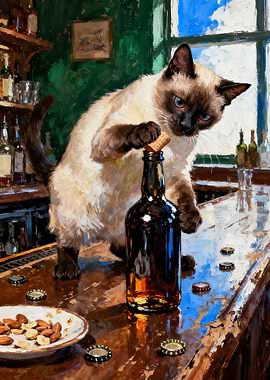 Siamese Cat Opening Bottle at Bar