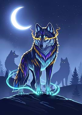 Mystical Wolf Pack Under Crescent Moon