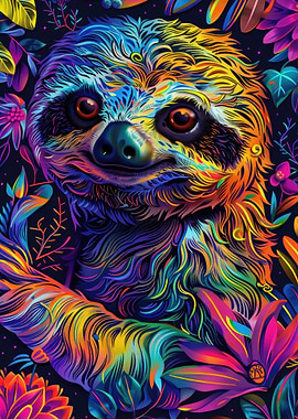 Neon Trippy Sloth Portrait with Floral Background