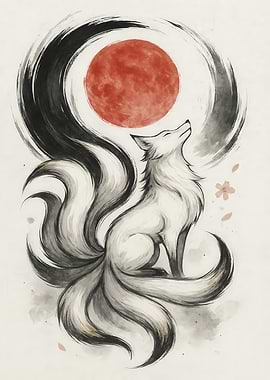 Nine-tailed Fox and Red Moon Art