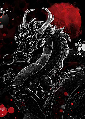 Dragon with Red Moon Digital Art