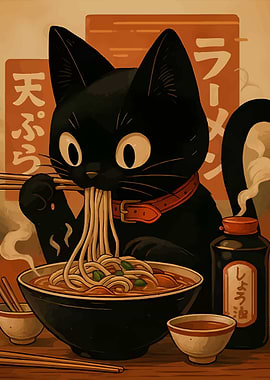 Black Cat Eating Ramen