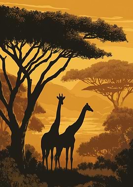 Giraffes in African Landscape Silhouette