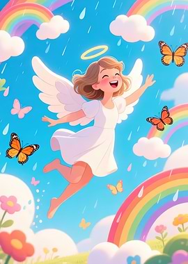 Angel in Rainbow Sky with Butterflies