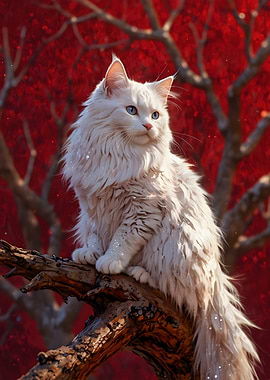 White Cat on Branch, Red Foliage