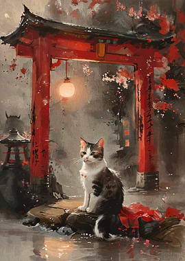 Cat at Japanese Torii Gate Painting