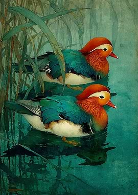 Mandarin Pair in Jade Reeds