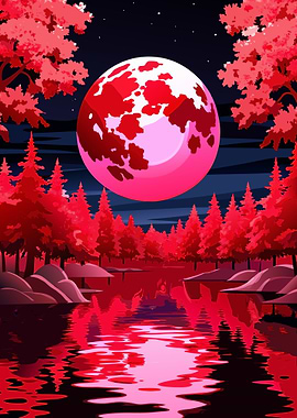 Dramatic Blood Moon Forest Landscape Illustration Metal Wall Print Art